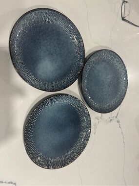 Blue Reactive Glaze Ceramic Dinner Plates - Set of 3